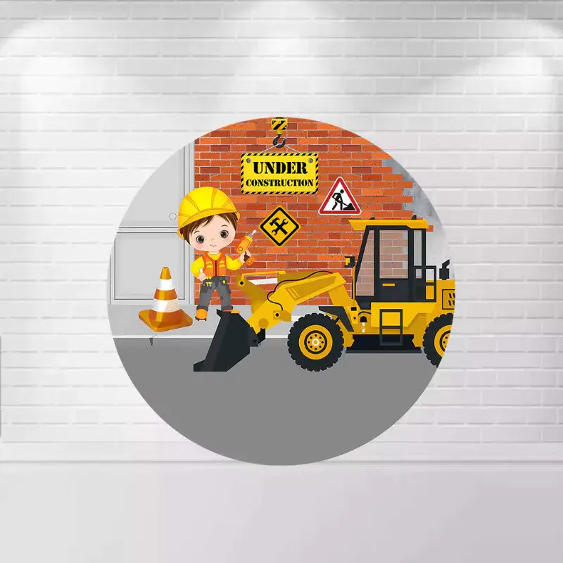 Round backdrop depicting a child construction worker, digger, and "Under Construction" signs set against a brick wall background.