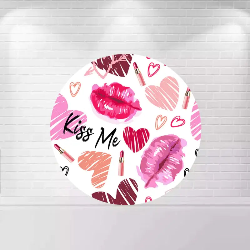 A round "Kiss Me" backdrop with vibrant lipstick kiss marks, hearts, and lipstick patterns on a white background, ideal for romantic and beauty-themed parties.