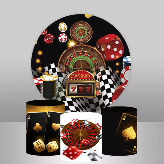 Casino-themed round backdrop with a roulette wheel, poker chips, and dice, along with three matching cylinder covers featuring playing cards, roulette wheels, and dice designs.