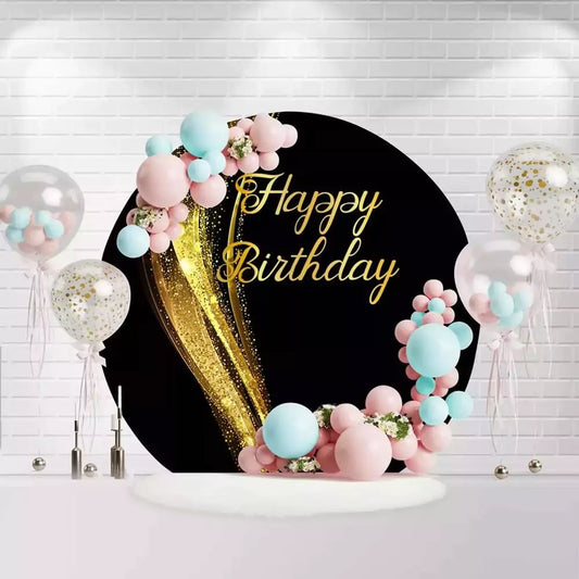 Luxury round backdrop with Happy Birthday text and gold sparkle decoration