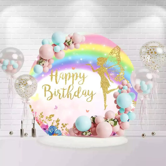 Magical fairy circle backdrop featuring rainbow, sparkles, and floral accents