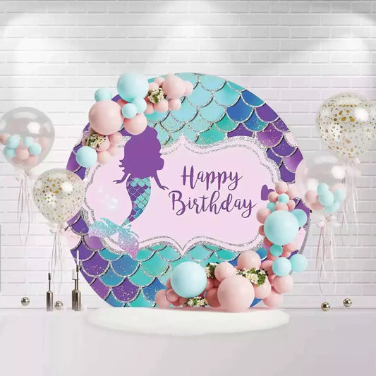 Mermaid birthday round backdrop with purple and teal scales and a mermaid silhouette
