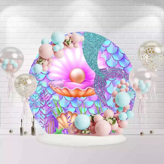 Round mermaid backdrop with glittery scales, seashells, pearl, and sparkling tail