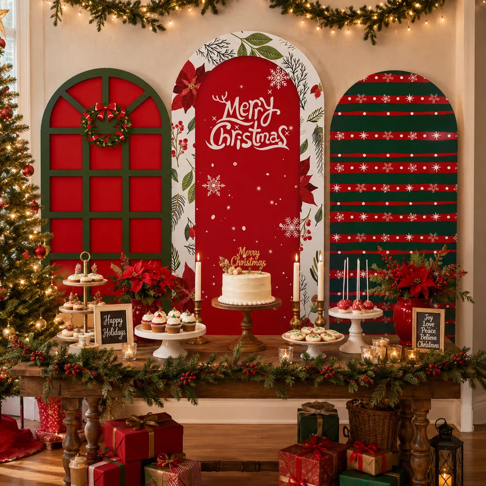 Christmas party set with three arch backdrop covers featuring a red and green window with wreath, Merry Christmas lettering, poinsettia florals, snowflakes and festive striped patterns.
