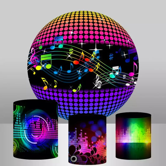 A music-themed party decor set featuring a vibrant round backdrop with colorful music notes and neon designs, paired with cylinder covers showcasing disco-inspired soundwave patterns