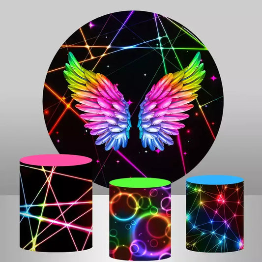 A neon-themed party decor set featuring a round backdrop with vibrant angel wings and colorful laser-style light effects, paired with cylinder covers showcasing neon patterns of lines, circles, and gradients.