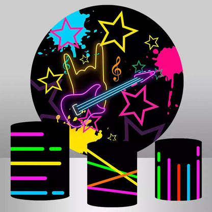 Neon rock and roll-themed round backdrop with neon guitar, stars, and three cylinder covers featuring colorful neon patterns.