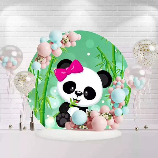Cute panda eating bamboo with pink bow backdrop for baby girl’s first birthday