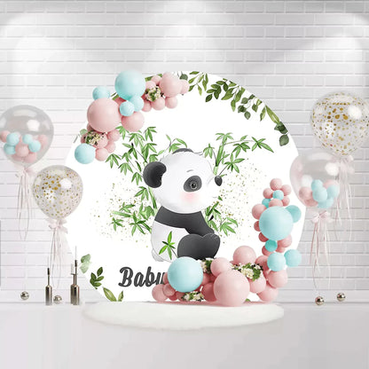 Round baby shower backdrop with panda sitting in bamboo leaves for baby celebration