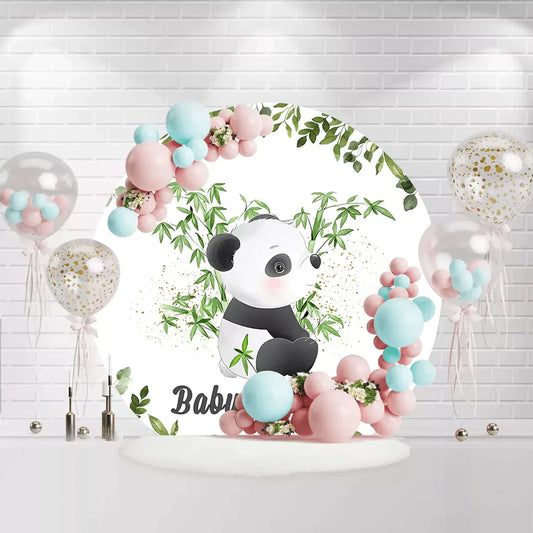 Round baby shower backdrop with panda sitting in bamboo leaves for baby celebration