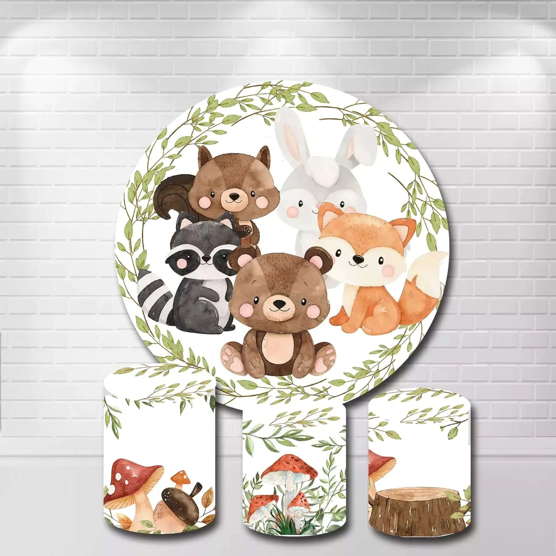 Cartoon Fox Animals Safari Party Round Background and Cylinder Covers