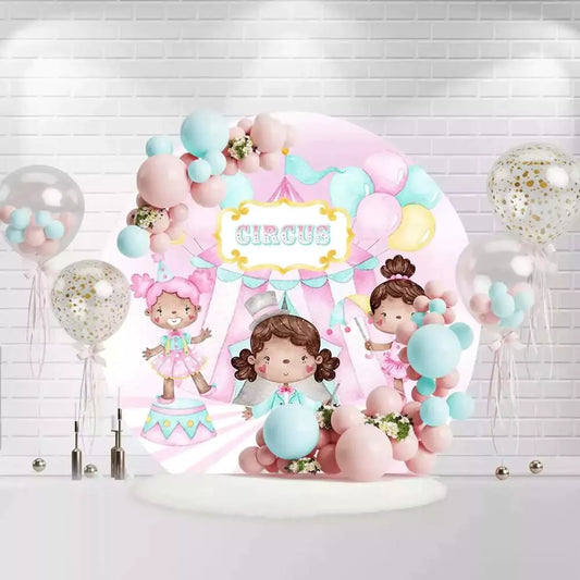 Round pastel circus backdrop with little girl performers, balloons, and tent design