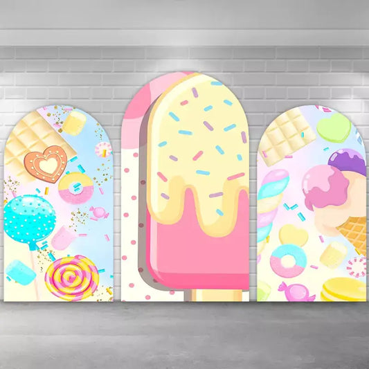 Pastel dessert party backdrop trio with oversized treats: melting popsicle in the middle, lollipops and candy bars on the left, and ice cream scoops with donuts and macarons on the right—perfect for candyland celebrations