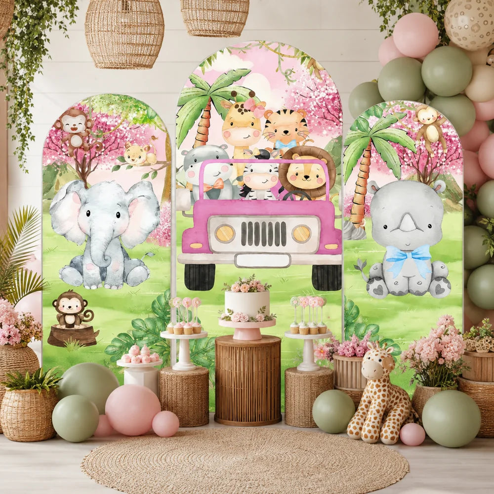 Pastel jungle safari party set with three arch backdrop covers featuring an elephant, rhino, monkey, giraffe, tiger, lion and other cute animals in a pink tropical scene.