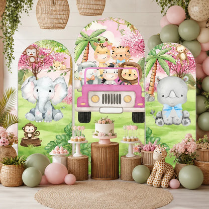 Pastel jungle safari party set with three arch backdrop covers featuring an elephant, rhino, monkey, giraffe, tiger, lion and other cute animals in a pink tropical scene.
