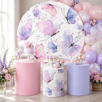 Pastel butterfly party set with one round backdrop and three matching cylinder covers featuring pink, lavender and watercolor butterfly designs.