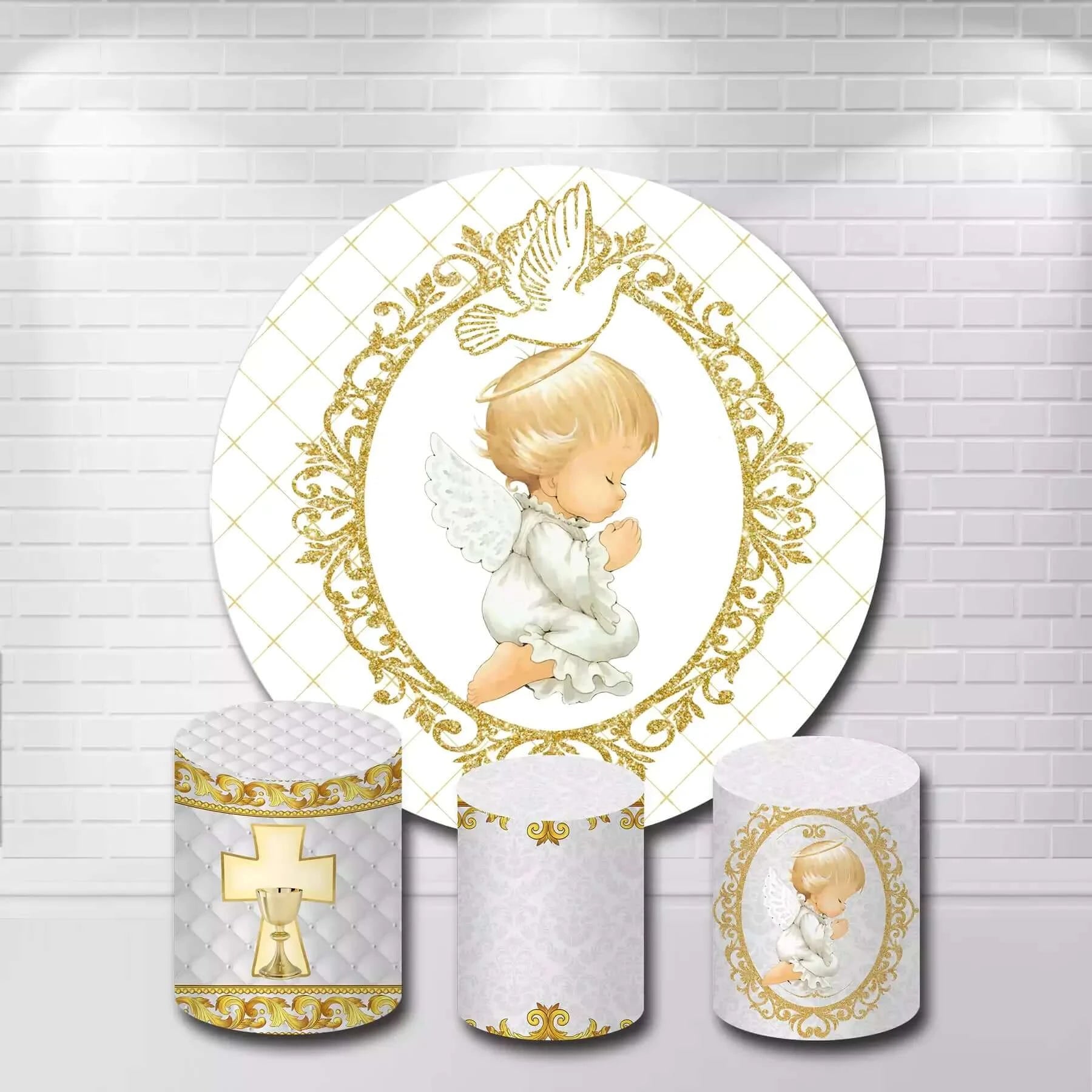 Pigeon White Angel First Holy Comunión Baptism Round Backdrop and Cylinder Covers