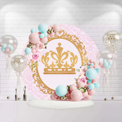 Pink Gold Glitter Crown Round Backdrop Cover