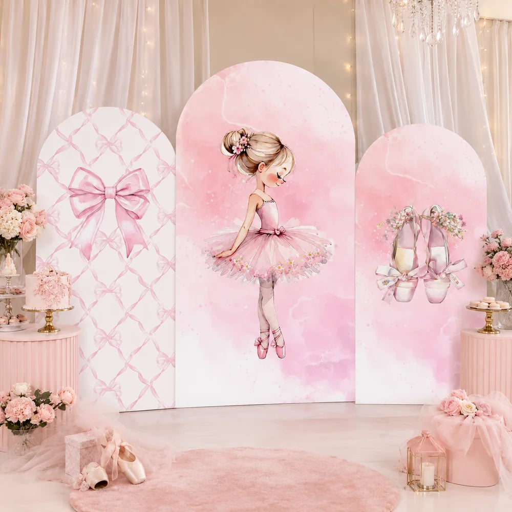 Pink ballerina party set with three arch backdrop covers featuring a watercolor ballet dancer, pink bows and floral ballet shoe designs.