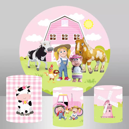 Farm-themed round backdrop with pink barn and farm animals, along with three cylinder covers featuring a cow, tractor with kids, and windmill designs.