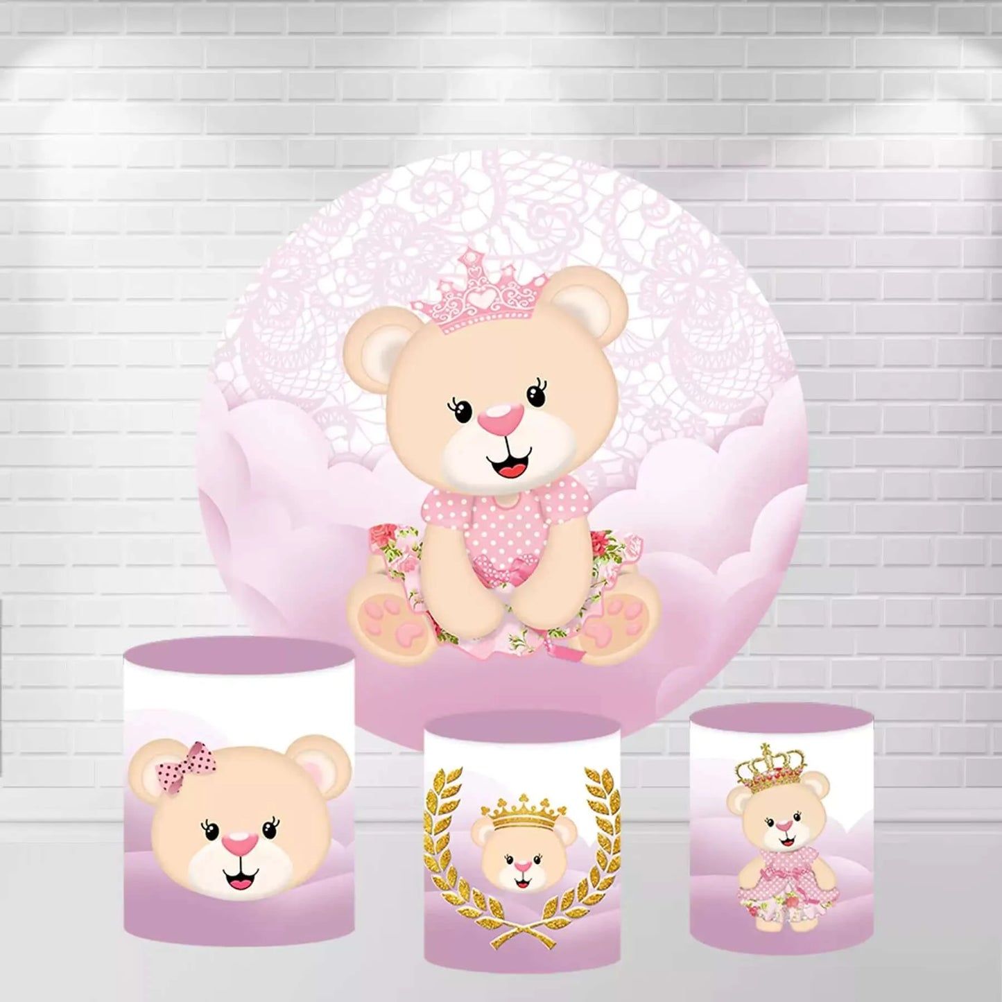 Pink Bear Baby Shower Round Backdrop Cover and Cylinder Covers