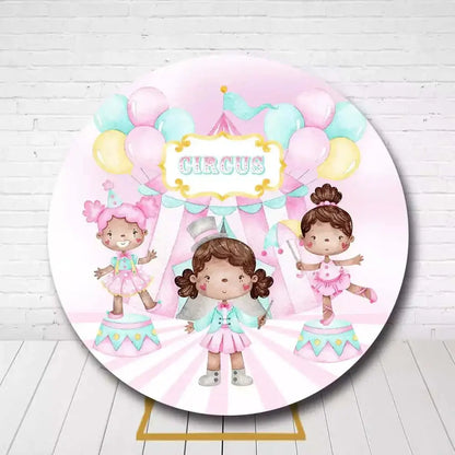 Cute circus circle backdrop featuring ballerina and clown girls with big top tent