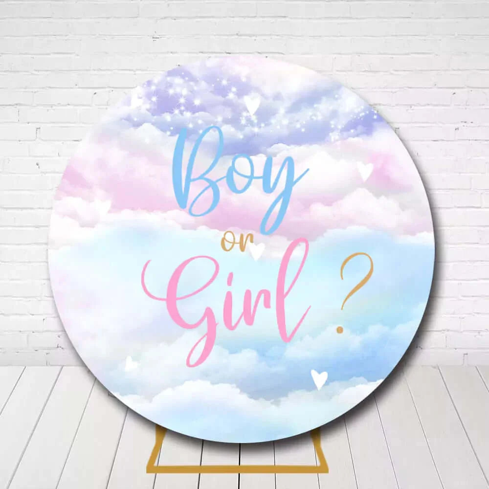 Cute baby shower circle backdrop featuring clouds, hearts, and pink blue design