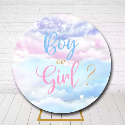Cute baby shower circle backdrop featuring clouds, hearts, and pink blue design