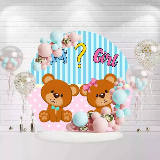 Round gender reveal backdrop with teddy bears, blue and pink design, and Boy or Girl text