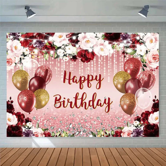 Gold Glitter Balloons Diamonds Pink Burgundy Floral Lady Woman Birthday Party Backdrop Cover