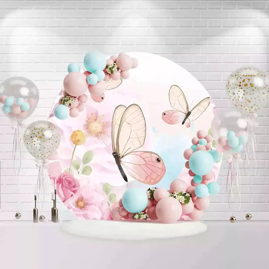 Pink butterfly floral round backdrop with roses for birthday party decoration