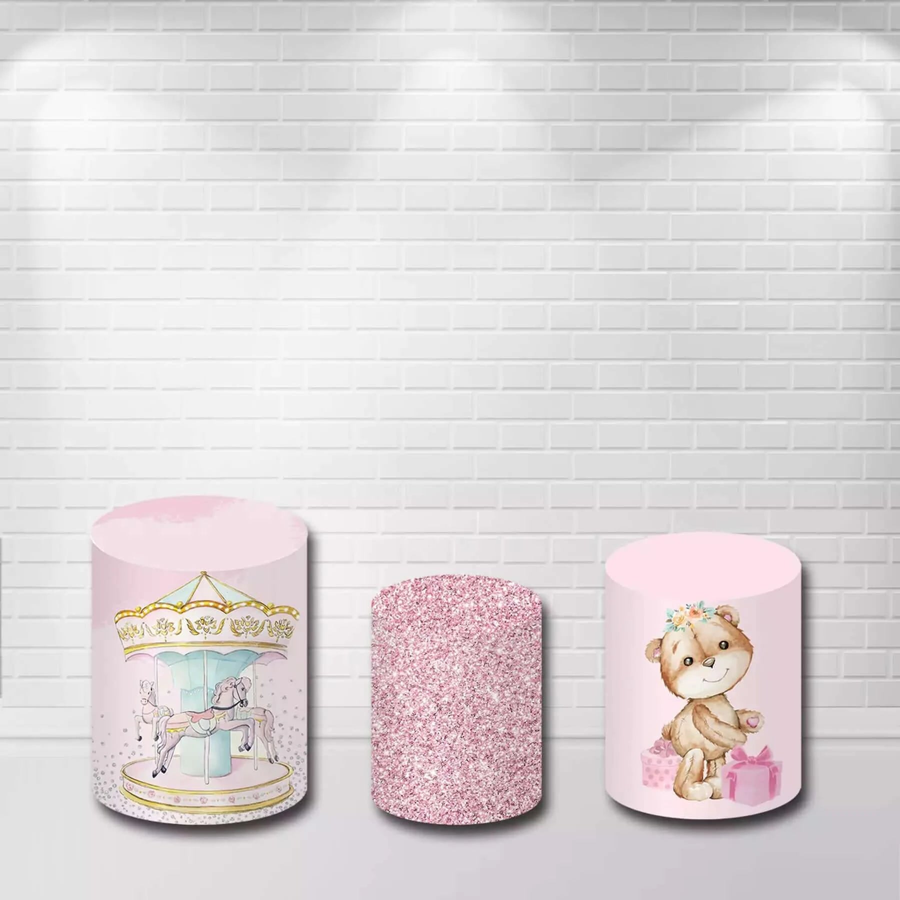 Pink Carousel Cute Bear Glitter Cylinder Covers Kits