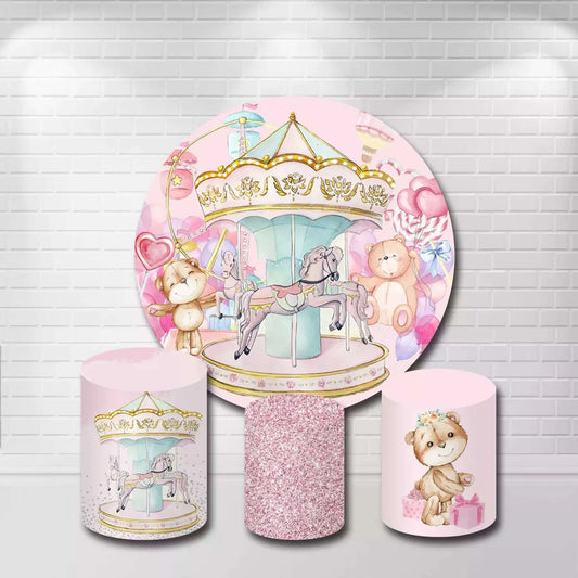 Pink Carousel Girls Birthday Party Round Backdrop Cover and Cylinder Covers