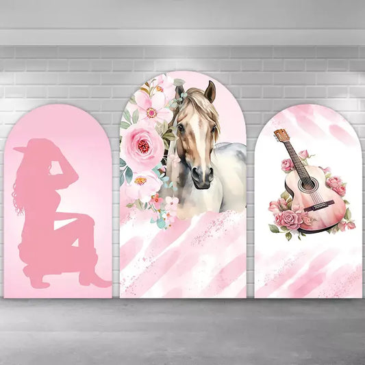 3-piece pink cowgirl and horse-themed backdrop set featuring a cowgirl silhouette, watercolor horse with flowers, and a pink guitar surrounded by roses, perfect for western or country-style birthday parties.