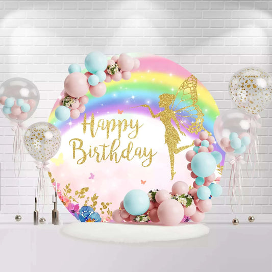 Pink Fairy Girls Birthday Round Backdrop Cover