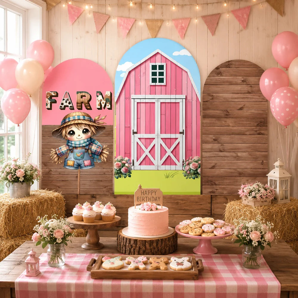 Pink farm party set with three arch backdrop covers featuring a cute scarecrow with FARM lettering, a pink barn with white doors and a rustic wood plank design.