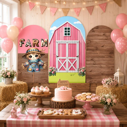 Pink farm party set with three arch backdrop covers featuring a cute scarecrow with FARM lettering, a pink barn with white doors and a rustic wood plank design.