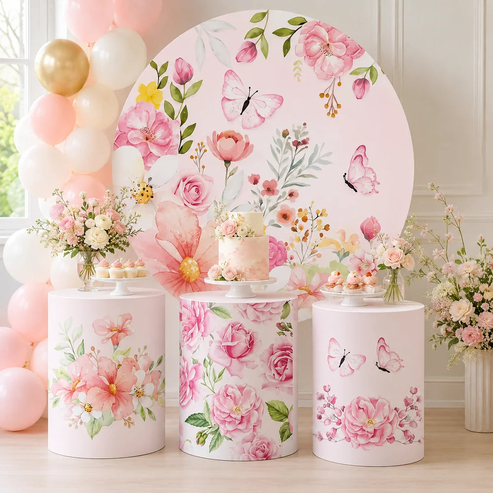 Pink floral butterfly party set with one round backdrop and three matching cylinder covers featuring watercolor flowers, roses and delicate butterfly designs.