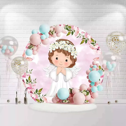 Circle communion backdrop featuring little angel illustration with flower crown