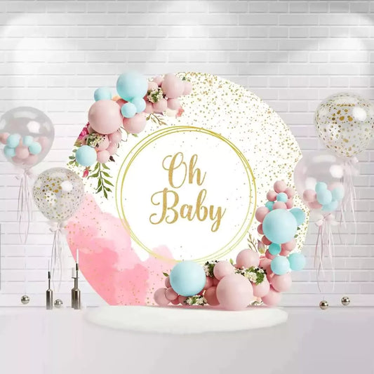 Pink floral Oh Baby round backdrop with gold glitter accents for baby shower party decoration