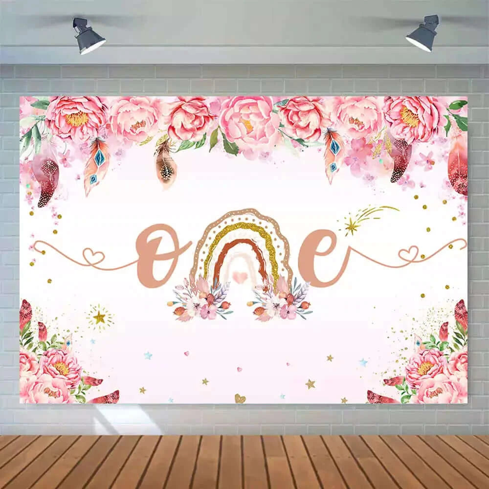 Pink Flowers Boho Rainbow Birthday Party Backdrop