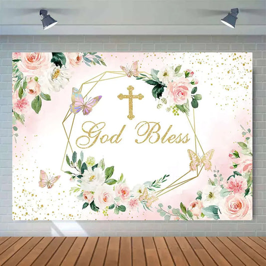 Pink Flowers Butterfly God Bless Girls Baptism Holy Communion Backdrop