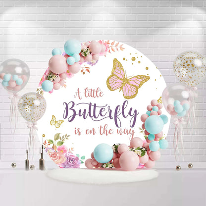 Pink Flowers Butterfly Girls Newborn Baby Shower Round Backdrop Cover 