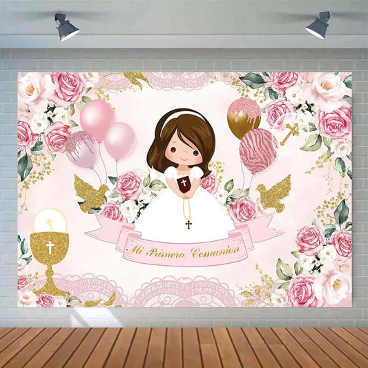 Mi Primera Comunión Pink Flowers Girls God Bless Baptism Backdrop