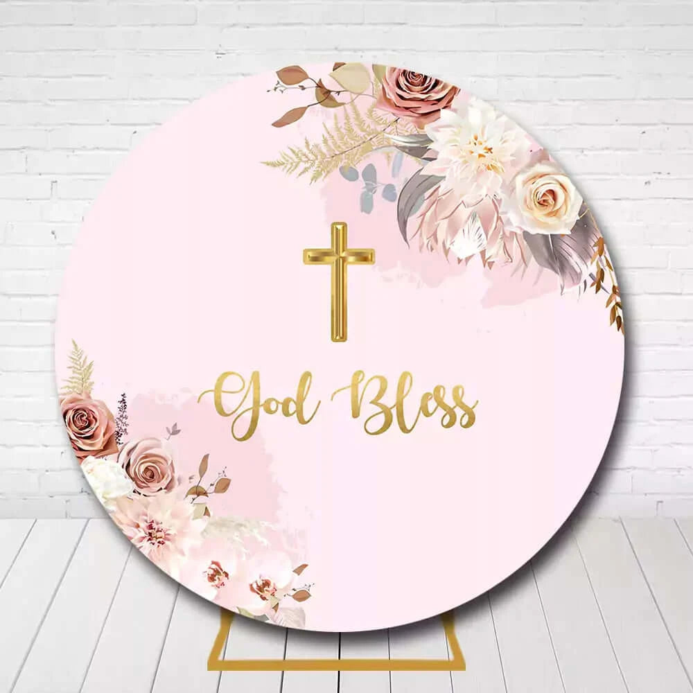 Pink Flowers God Bless Circle Background Decoration