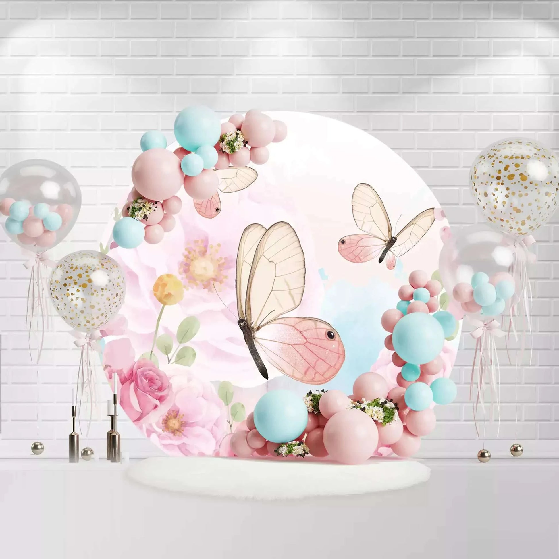 Pink Flowers Fairy Butterfly Theme Round Backdrop Cover