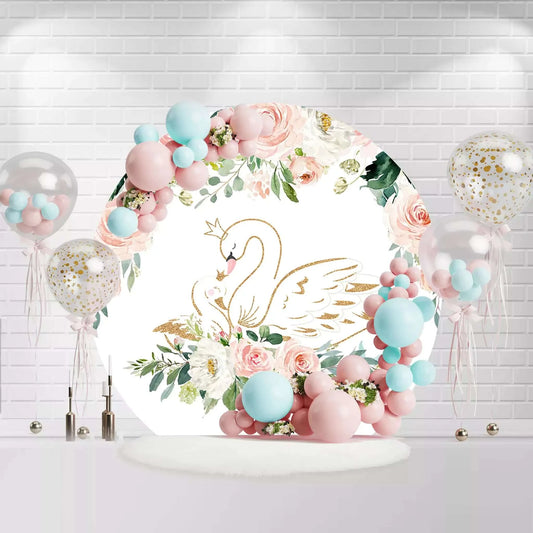 Pink Flowers Swan Round Backdrop Cover