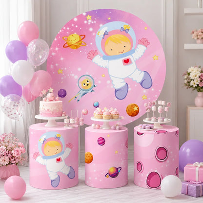 Outer Space Girl Party Round Backdrop with Pink Galaxy Plinth Wraps