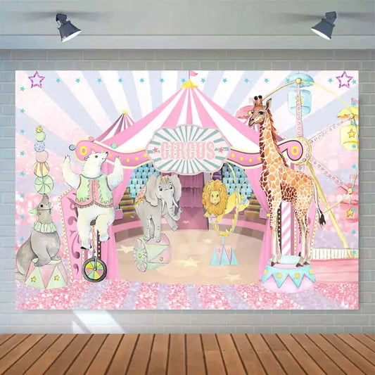 Cartoon Animals Pink Girls Circus Tent Birthday Party Photography Backdrop