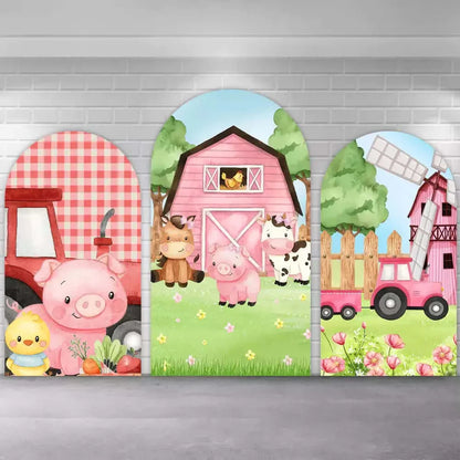 Barn House Cartoon Animals Pink Girls Farm Theme Arch Backdrop Cover